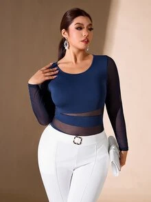 Cravure Plus Size Women's Autumn/Winter Long Sleeve Sexy Bodysuit With Mesh Patchwork Design, Fashionable And Sexy, Suitable For Street, Party, Gathering, Afternoon Tea - Navy Blue - View 3