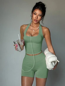 Slayform Slayform 1套女款高腰掛脖修身性感運動休閒純色瑜伽工作服套裝 健身房穿著 鼠尾草綠 夏季 - 軍綠色 - 查看 1