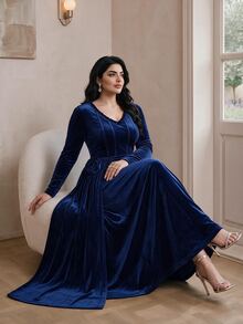 Feyla Plus Size Elegant Elegant 3D Floral Decor Pleated Long Sleeve Dress - Navy Blue - View 5