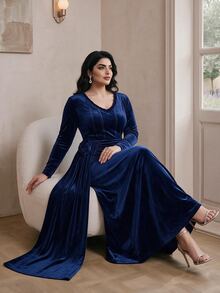 Feyla Plus Size Elegant Elegant 3D Floral Decor Pleated Long Sleeve Dress - Navy Blue - View 8
