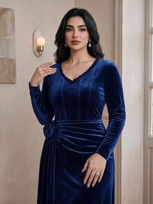 Feyla Plus Size Elegant Elegant 3D Floral Decor Pleated Long Sleeve Dress - Navy Blue - View 9