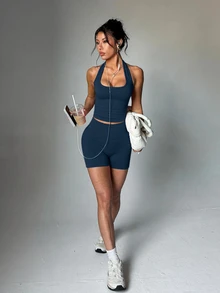 SHEIN Sports 女款純色方領無袖修身瑜伽高腰運動服套裝 健身連身裙內建胸罩 健身房運動 海軍藍 夏季運動風 - 藏蓝色 - 查看 4