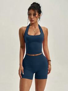 SHEIN Sports 女款純色方領無袖修身瑜伽高腰運動服套裝 健身連身裙內建胸罩 健身房運動 海軍藍 夏季運動風 - 藏蓝色 - 查看 6
