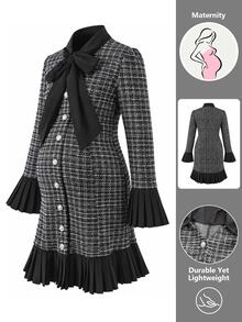 SHEIN Maternity Front Tie Bell Sleeve Plaid Single-Breasted Elegant Dress - Black - View 8