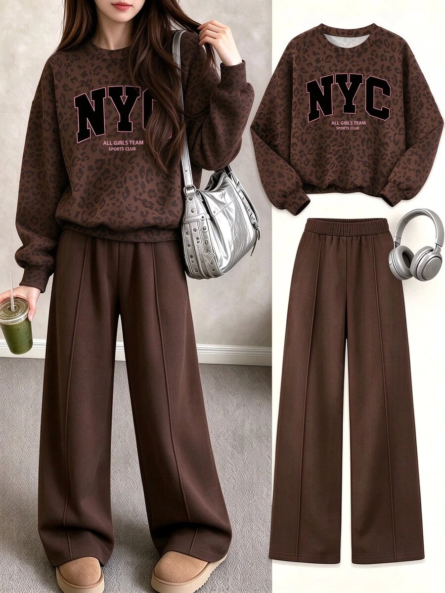 (1套) 青少年女孩秋冬休閒款 NYC 巧克力棕豹紋圓領衛衣搭配牙籤條紋直筒長褲 - 彩色 - 查看 1