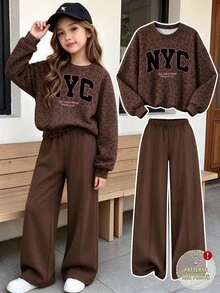 (1套) 青少年女孩秋冬休閒款 NYC 巧克力棕豹紋圓領衛衣搭配牙籤條紋直筒長褲 - 彩色 - 查看 3