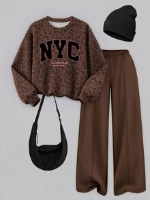 (1套) 青少年女孩秋冬休閒款 NYC 巧克力棕豹紋圓領衛衣搭配牙籤條紋直筒長褲 - 彩色 - 查看 4