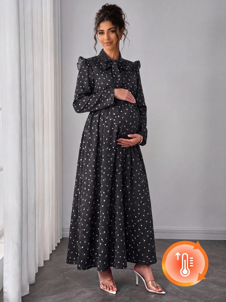 SHEIN Autumn New Elegant Maternity Printed Dress, Long Sleeve, Ruffle Collar, Waist-Cinching, Suitable For Daily Wear, Shopping, Commuting, Versatile - Black - View 14