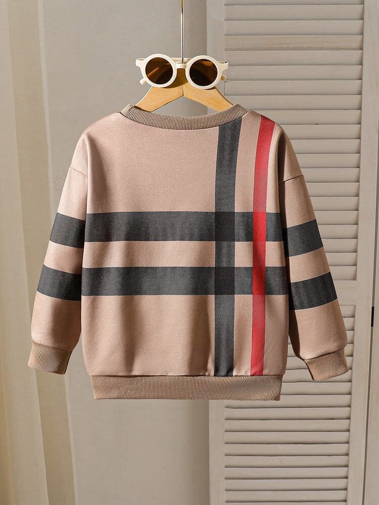 Genkimix Kids 1pc Boys Striped Print Crew Neck Pullover Sweatshirt, Casual Loose Drop Shoulder Long Sleeve Top, Comfortable Autumn/Winter Style - Khaki - View 2