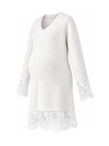 SHEIN Maternity Lace Patchwork Casual Everyday Knit Dress Winter - White - View 8
