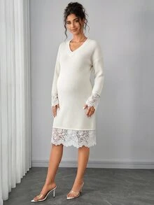 SHEIN Maternity Lace Patchwork Casual Everyday Knit Dress Winter - White - View 2
