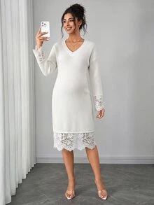 SHEIN Maternity Lace Patchwork Casual Everyday Knit Dress Winter - White - View 5