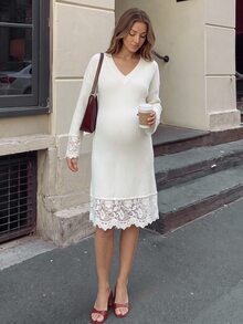 SHEIN Maternity Lace Patchwork Casual Everyday Knit Dress Winter - White - View 1