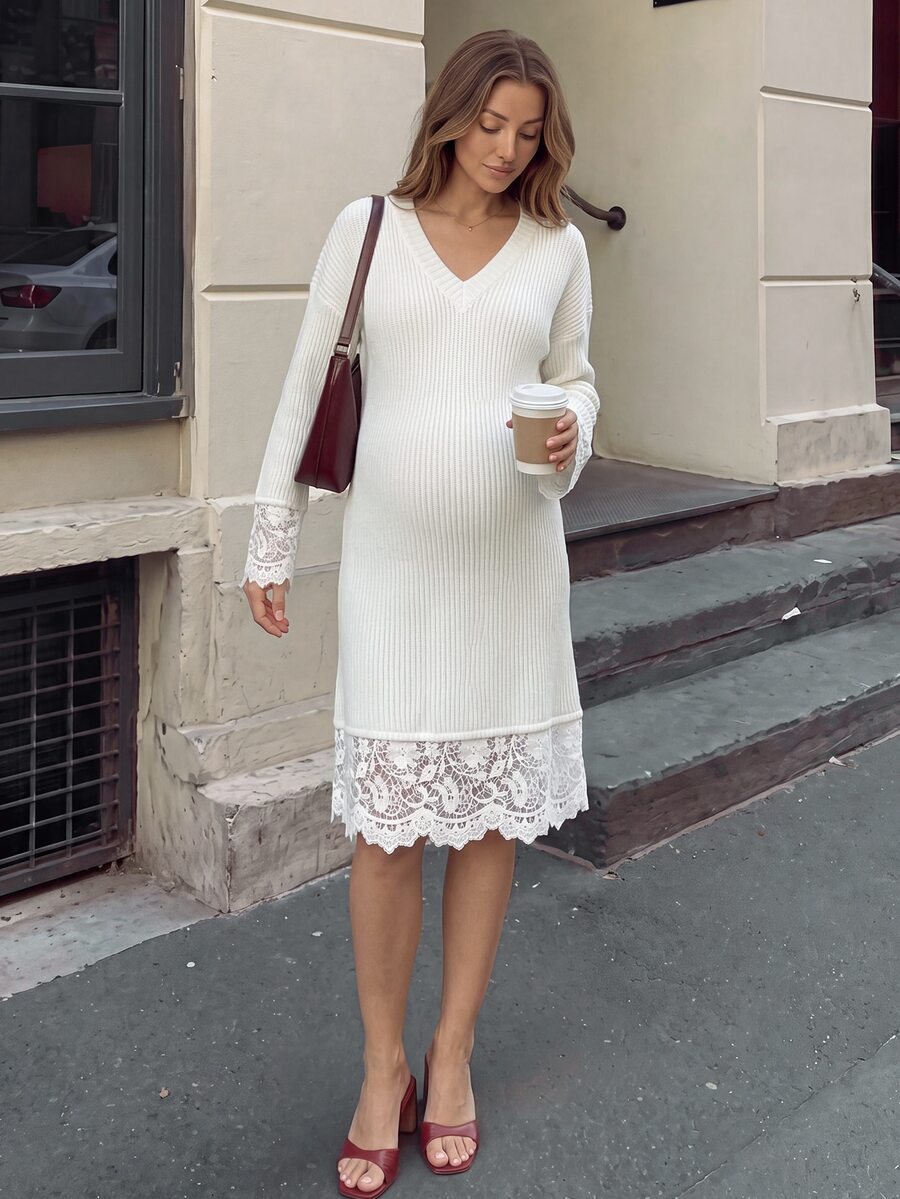 SHEIN Maternity Lace Patchwork Casual Everyday Knit Dress Winter - White - View 1