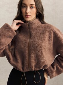 Activina Women's Solid Color Drop Shoulder Long Sleeve Zip-Up Casual Sports Jacket Thickened Brown Lamb Fleece-Lined Warm Jacket With An Adjustable Hem Workout - Brown - View 6