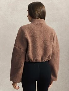 Activina Women's Solid Color Drop Shoulder Long Sleeve Zip-Up Casual Sports Jacket Thickened Brown Lamb Fleece-Lined Warm Jacket With An Adjustable Hem Workout - Brown - View 7