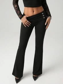 SHEIN ICON Women's Y2K Black Napoleon Button Detail Flare Low Waist Stretch Bootcut Going Out Solid Color Casual Versatile Daily Wear Long Pants - Black - View 3