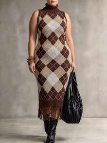 SHEIN LUNE CURVE Plus Size Women's Autumn/Winter Sleeveless Diamond Check Colorblock Tassel Versatile Dress, Suitable For Casual Daily Wear - Coffee Brown - View 4