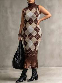 SHEIN LUNE CURVE Plus Size Women's Autumn/Winter Sleeveless Diamond Check Colorblock Tassel Versatile Dress, Suitable For Casual Daily Wear - Coffee Brown - View 1