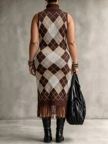 SHEIN LUNE CURVE Plus Size Women's Autumn/Winter Sleeveless Diamond Check Colorblock Tassel Versatile Dress, Suitable For Casual Daily Wear - Coffee Brown - View 2