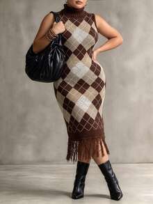 SHEIN LUNE CURVE Plus Size Women's Autumn/Winter Sleeveless Diamond Check Colorblock Tassel Versatile Dress, Suitable For Casual Daily Wear - Coffee Brown - View 5