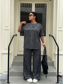 Muchica Plus Size Women's Grey Short Sleeve T-Shirt And Pants Casual Set Office Summer - Black - View 5