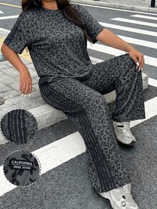 Muchica Plus Size Women's Grey Short Sleeve T-Shirt And Pants Casual Set Office Summer - Black - View 9