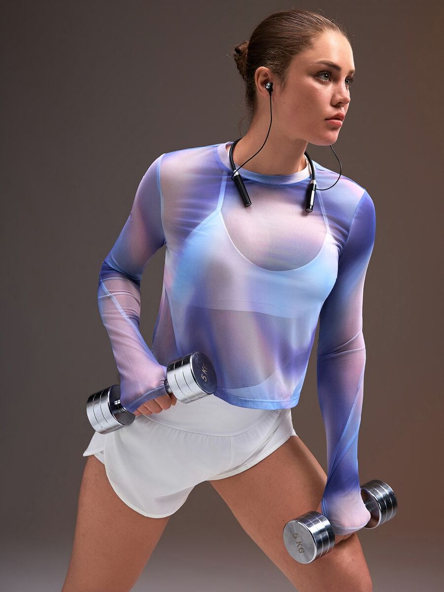 Powerista 女款紫色印花網眼運動機能上衣 T-shirt,露背健身訓練運動跑步休閒健身房外穿上衣,多彩設計 - 紫色 - 查看 1