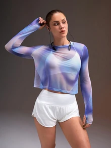 Powerista 女款紫色印花網眼運動機能上衣 T-shirt，露背健身訓練運動跑步休閒健身房外穿上衣，多彩設計 - 紫色 - 查看 3
