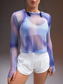 Powerista 女款紫色印花網眼運動機能上衣 T-shirt，露背健身訓練運動跑步休閒健身房外穿上衣，多彩設計 - 紫色 - 查看 4