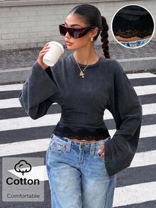 Muchica Women's New Black Vintage Washed Distressed Lace Patchwork Batwing Sleeve Long Sleeve T-Shirt For Going Out, Streetwear, Y2K - Black - View 1