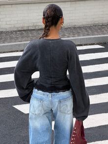 Muchica Women's New Black Vintage Washed Distressed Lace Patchwork Batwing Sleeve Long Sleeve T-Shirt For Going Out, Streetwear, Y2K - Black - View 2
