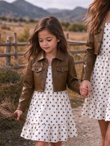 SHEIN 女童 4-8歲 2件組甜美酷感時尚 PU夾克與波點層次吊帶洋裝套裝，秋冬新款，適合生日派對、學校、假期出遊 - 棕色 - 查看 4