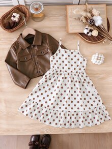SHEIN 女童 4-8歲 2件組甜美酷感時尚 PU夾克與波點層次吊帶洋裝套裝，秋冬新款，適合生日派對、學校、假期出遊 - 棕色 - 查看 3