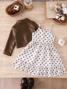 SHEIN 女童 4-8歲 2件組甜美酷感時尚 PU夾克與波點層次吊帶洋裝套裝，秋冬新款，適合生日派對、學校、假期出遊 - 棕色 - 查看 2