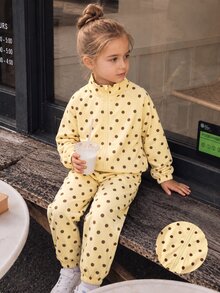 SHEIN Toddler Girls Retro Polka Dot Warm 2Pcs Set, Milk Yellow Zip Stand Collar Jacket & Joggers, Stylish Versatile Fall Winter Outfit - Yellow - View 9