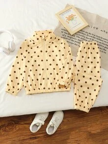 SHEIN Toddler Girls Retro Polka Dot Warm 2Pcs Set, Milk Yellow Zip Stand Collar Jacket & Joggers, Stylish Versatile Fall Winter Outfit - Yellow - View 5