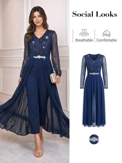 Ellevyn Women's V-Neck Long Sleeve Sequin Glitter Fashion Elegant Jumpsuit Wedding Night Party Dinner Navy Blue Fall