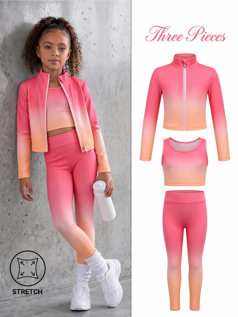 SHEIN 女童時尚休閒運動漸層色三件套,高彈性,適合運動護理體操,嬰兒粉色,秋季7歲生日 - 橘色 - 查看 1