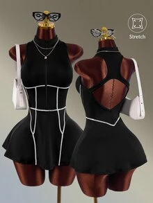 Amplova Đầm thể thao nữ khóa kéo trước, gấu bèo nhún, kèm quần short - màu đen - Xem 5
