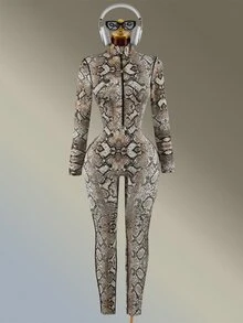 Amplova Women's Snake Print Zipper Front Stand Collar Long Sleeve Athletic Jumpsuit Sexy Long-Sleeve, Cropped-Length Jumpsuit With A Front-To-Mid Zipper Gym - Brown - View 2