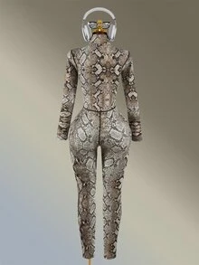 Amplova Women's Snake Print Zipper Front Stand Collar Long Sleeve Athletic Jumpsuit Sexy Long-Sleeve, Cropped-Length Jumpsuit With A Front-To-Mid Zipper Gym - Brown - View 3