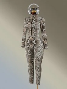 Amplova Women's Snake Print Zipper Front Stand Collar Long Sleeve Athletic Jumpsuit Sexy Long-Sleeve, Cropped-Length Jumpsuit With A Front-To-Mid Zipper Gym - Brown - View 4