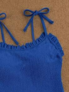 SHEIN Swim بدلة سباحة نسائية أنيقة ذات حمالات رفيعة وكشكشة من قماش مجعد أسود - أزرق غامق - مشاهدة 4