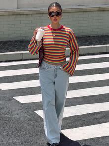 Muchica Fall New Red Striped Batwing Sleeve Slim Fit Long Sleeve T-Shirt, Elegant Y2k Streetwear Casual Fashion Basic Top For Outings And Parties Night Out - Multicolor - View 5
