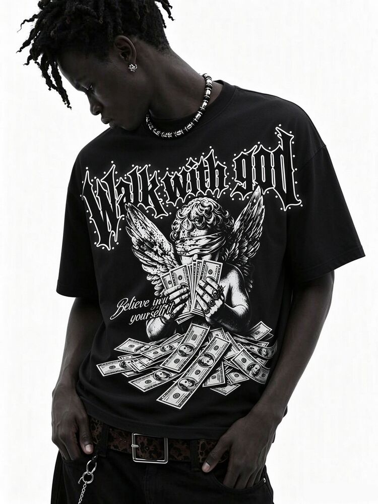 Manfinity Roghcode Men's Street Streetwear Casual Loose Fit T-Shirt Going Out Holiday Black And White Summer - Multicolor - View 1