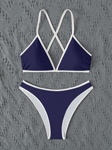 SHEIN Swim Contrasting Trim Sporty Triangle Bikini Top & Panty Set, Casual And Fashionable, Suitable For Daily & Swimming Summer - Navy Blue - View 10