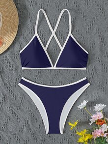 SHEIN Swim Contrasting Trim Sporty Triangle Bikini Top & Panty Set, Casual And Fashionable, Suitable For Daily & Swimming Summer - Navy Blue - View 11