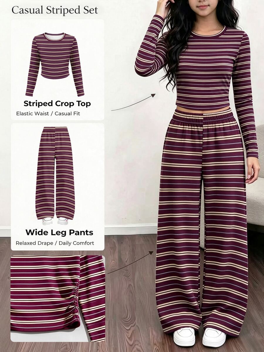 Tween Girls Autumn Casual Vintage Burgundy Yellow Blue Three-Color Striped Pattern Ruched Waist Long Sleeve T-Shirt And Wide Leg Pants Set - Multicolor - View 1