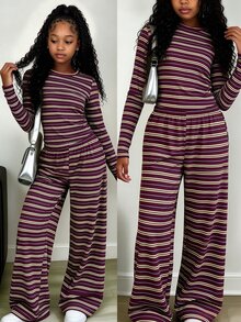 Tween Girls Autumn Casual Vintage Burgundy Yellow Blue Three-Color Striped Pattern Ruched Waist Long Sleeve T-Shirt And Wide Leg Pants Set - Multicolor - View 1